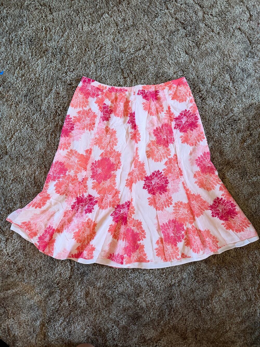 Vintage Y2K Ann Taylor 100% Silk Floral A-Line Panel Skirt Pink & Orange Fairy